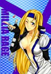  ash_(giryo) bad_id bad_pixiv_id banned_artist blonde_hair blue_eyes blue_headband blush breasts cleavage elbow_gloves fingerless_gloves gloves guilty_gear hairband headband heart large_breasts long_hair millia_rage one_eye_closed open_clothes open_shirt shirt solo very_long_hair 