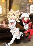  2girls ajino_(sakanahen) alpaca_ears alpaca_suri_(kemono_friends) alpaca_tail animal_ears artist_name bangs bird_wings blonde_hair blouse blunt_bangs blurry blurry_background bodystocking breast_pocket chair closed_mouth cup dated day drink eyebrows_visible_through_hair frilled_sleeves frills fur-trimmed_footwear fur-trimmed_sleeves fur_collar fur_scarf fur_trim gloves green_eyes hair_bun hair_over_one_eye hands_up head_wings holding holding_cup holding_tray horizontal_pupils indoors japanese_crested_ibis_(kemono_friends) kemono_friends legs_together long_hair long_sleeves looking_at_another mary_janes medium_hair multicolored_hair multiple_girls neck_ribbon open_mouth orange_eyes pantyhose pleated_skirt pocket red_gloves red_hair red_legwear red_neckwear ribbon running scarf shoes shorts sitting skirt smile spilling steam sweater_vest table tail tray upper_teeth white_blouse white_hair white_scarf wide_sleeves window wings 