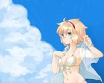  alice_margatroid bad_id bad_pixiv_id bikini blonde_hair blue_eyes breasts cleavage day front-tie_top hairband kuzumiya_yuyu medium_breasts open_clothes open_shirt see-through shirt short_hair solo swimsuit touhou 