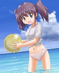  asou_natsumi ball beachball black_eyes cloud day navel ocean outdoors panties purple_hair see-through sketchbook_full_colors sky smile solo tanada-bon twintails underwear water wet 