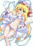  absurdres blonde_hair blue_eyes breasts feathers hat highres lily_white long_hair marker_(medium) medium_breasts milkpanda mouth_hold navel nipples panties small_nipples solo striped striped_panties touhou traditional_media underwear wings 