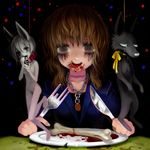  animal_ears blood bone brown_eyes brown_hair collar dog fork guro jewelry knife necklace nude plate pubic_hair suicide vore what yukaman 