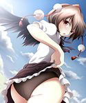  ass ayase_midori black_panties black_wings blush brown_hair cloud day hat looking_at_viewer looking_back open_mouth panties shameimaru_aya skirt skirt_lift sky solo tokin_hat touhou underwear wings 