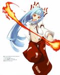  absurdres blue_hair colored_eyelashes eyelashes fire flat_chest fujiwara_no_mokou hair_ribbon highres huge_filesize leg_lift long_hair lowleg lowleg_pants midriff navel no_bra no_panties open_clothes open_mouth open_shirt orange_eyes pants ribbon scan shingo_(missing_link) shirt solo suspenders touhou 