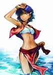  armpits bandeau blue_hair bob_cut dark_skin earrings fushigi_no_umi_no_nadia green_eyes jewelry loincloth midriff nadia ocean ryuutetsu short_hair solo strapless tubetop vest water 