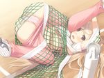  accident ass bend blonde_hair blush bow bow_bra bra bra_lift breasts brown_eyes cameltoe clumsy crooked_eyewear entangled fault!! game_cg glasses hayama_rika highres knees_on_chest labia large_breasts leaf_print lingerie long_hair lying net on_back open_mouth panties pants_pull panty_pull pink_bra pink_panties print_bra restrained rimless_eyewear shirt_lift shoes sneakers solo spread_legs tanaka_takayuki tennis_court tennis_net underboob underwear unlikely_accident 