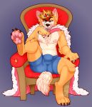  2019 anthro blue_eyes blush bulge canid canine canis cape chair claws clothed clothing corgi crown digital_media_(artwork) domestic_dog fur hair hi_res king looking_at_viewer male mammal nipples open_mouth paws royalty shorts simple_background solo stickyguts sweat teeth throne tongue 