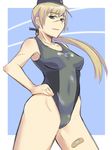  bandaid bandaid_on_leg blonde_hair cowboy_shot em hand_on_hip hanna_rudel highleg highleg_swimsuit one-piece_swimsuit outside_border ponytail scar solo swimsuit world_witches_series 