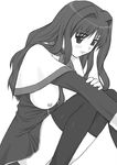  breasts greyscale kanon large_breasts long_hair misaka_kaori monochrome nipples open_clothes school_uniform shichimenchou simple_background solo thighhighs 