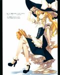  absurdres arm_up blonde_hair braid broom colored_eyelashes curiosities_of_lotus_asia eyelashes hand_on_headwear hat high_heels highres huge_filesize kirisame_marisa long_hair shingo_(missing_link) shoes sitting solo touhou witch_hat wrist_cuffs yellow_eyes 