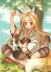  animal animal_ears barefoot blonde_hair blush day eyebrows fang feet flower fox_ears fox_tail grass grin hair_flower hair_ornament leaf long_hair o_o original outdoors red_eyes sitting smile solo tail tanuki tree yuuryuu_nagare 