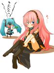  aqua_eyes aqua_hair blush chibi hatsune_miku headphones kumakichi long_hair megurine_luka multiple_girls necktie pink_hair skirt spring_onion sweat thighhighs twintails vocaloid you_gonna_get_raped zettai_ryouiki 