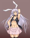  abs animal_ears armpits arms_behind_back arms_up black_legwear breasts bunny_ears choker cleavage hand_on_hip houtengeki large_breasts long_hair muscle navel pleated_skirt purple_hair red_eyes reisen_udongein_inaba simple_background skirt solo thighhighs toned touhou underboob 