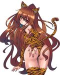  aisaka_taiga animal_costume animal_ears animal_print ass ass_grab blush bridal_gauntlets brown_eyes brown_hair cat_ears condom condom_in_mouth costume flat_chest from_behind grabbing_own_ass long_hair looking_back makai mouth_hold solo tail thigh_gap thighhighs tiger_costume tiger_print toradora! very_long_hair 