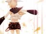  arm_warmers bad_id bad_pixiv_id belt black_shorts blonde_hair blurry cowboy_shot facing_away falling_leaves from_behind hair_ornament hair_ribbon kagamine_rin leaf midriff outstretched_arms ribbon short_hair shorts sleeveless solo soriku spread_fingers vocaloid white_background wind 