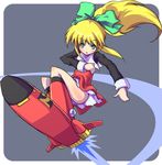  blonde_hair boots bow flying hover_board knee_boots long_hair red_skirt rockman rockman_(classic) roll sasamashin skirt solo 