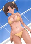  bikini black_hair breasts cleavage dutch_angle green_eyes ishida_masayuki large_breasts lowres navel one-piece_tan original short_hair solo swimsuit tan tanline twintails yellow_bikini 