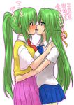  bad_id bad_pixiv_id blue_eyes blush check_translation food green_hair half_updo higurashi_no_naku_koro_ni hug incest jairo multiple_girls pocky pocky_kiss shared_food siblings sisters sonozaki_mion sonozaki_shion translation_request twincest twins yuri 