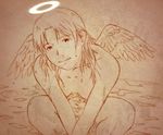  aaru_sentou_shuudan haibane_renmei halo monochrome nemu nude orange_(color) scan sitting solo traditional_media water wet wings 