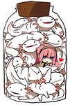  axolotl blue_eyes bottle chibi headphones heart in_bottle in_container jar long_hair megurine_luka minigirl odd_one_out salamander simple_background starshadowmagician vocaloid 