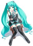  amino_kohaku aqua_eyes aqua_hair chair detached_sleeves full_body hatsune_miku long_hair necktie simple_background sitting solo thighhighs twintails very_long_hair vocaloid zettai_ryouiki 