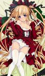  blonde_hair blue_eyes bonnet dress drill_hair flower long_hair lying panties ribbon robi rozen_maiden shinku solo thighhighs twintails underwear 