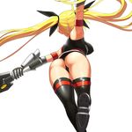  armband armpits ass bad_id bad_pixiv_id bardiche black_legwear blight_essence blonde_hair boots bow breasts fate_testarossa from_behind gauntlets hair_bow large_breasts long_hair lyrical_nanoha mahou_shoujo_lyrical_nanoha simple_background solo thigh_boots thighhighs twintails weapon 