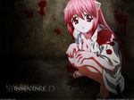  barefoot blood blood_spatter blood_splatter crouching elfen_lied horns kaede_(character) lucy open_clothes open_shirt pink_eyes pink_hair shirt squatting 