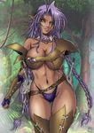  artist_request blue_panties braid breasts cleavage curvy dark_skin earrings elbow_gloves elf fingerless_gloves forest gloves highleg highleg_panties jewelry large_breasts long_hair midriff nature necklace panties pointy_ears purple_hair purple_panties solo source_request sword thigh_gap thighhighs twin_braids underboob underwear very_long_hair weapon wide_hips yellow_eyes 