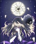  blonde_hair broken_glass covering_face crack elbow_gloves full_moon gap glaring glass gloves hand_on_own_face haruichi moon purple_eyes solo touhou white_gloves yakumo_yukari 