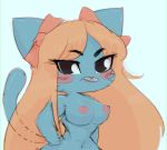  anthro blonde_hair blue_background blue_fur blush breasts cartoon_network clothed clothing crossgender felid female fur gumball_watterson hair hair_bow hair_ribbon looking_at_viewer mammal nipples ribbons simple_background solo syo the_amazing_world_of_gumball topless young 
