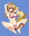  absurdres adjusting_hair animal_ears anklet armpits arms_up bad_id bad_yandere_id barefoot bikini blonde_hair breasts cat_ears cat_tail fangs feet highres innertube jewelry kure_masahiro large_breasts long_hair original simple_background slit_pupils solo swimsuit tail tiger_ears tiger_tail toes yellow_eyes 