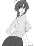  amaha_masane breasts covered_nipples error greyscale large_breasts looking_back monochrome shichimenchou simple_background solo witchblade 