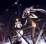  black_hair black_wings blue_eyes china_dress chinese_clothes closed_eyes detached_sleeves dress field_of_blades mabinogi md5_mismatch minazuki_(karashikazoku) morrighan multiple_girls nao_(mabinogi) planted_sword planted_weapon side_slit silver_hair staff sword thighhighs twintails weapon wings 