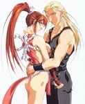  1girl andy_bogard ass bare_shoulders blonde_hair breasts fatal_fury hug large_breasts long_hair oobari_masami panties pelvic_curtain ponytail red_hair revealing_clothes shiranui_mai sideboob simple_background snk the_king_of_fighters thong underwear 