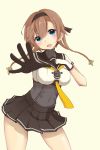  absurdres black_skirt blue_eyes braid breasts hachimaki hair_ornament headband highres kantai_collection large_breasts light_brown_hair miniskirt neve propeller_hair_ornament short_sleeves simple_background skirt teruzuki_(kantai_collection) twin_braids two-tone_gloves 