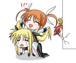  all_fours amicis arf blonde_hair brown_hair carrying fate_testarossa lyrical_nanoha mahou_shoujo_lyrical_nanoha multiple_girls piggyback red_hair riding sitting sitting_on_person takamachi_nanoha yuuno_scrya 