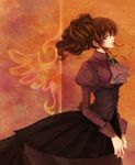  brown_eyes brown_hair dress earrings frills jewelry ponytail rinka_(rinka0912) solo umineko_no_naku_koro_ni ushiromiya_natsuhi 