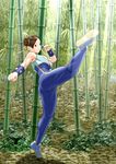 ass bad_id bad_pixiv_id bamboo bamboo_forest bodysuit brown_hair chun-li ex_hk forest highres muscle nature solo street_fighter 