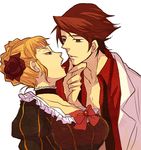  1girl bad_id bad_pixiv_id beatrice blonde_hair bow chin_grab choker collarbone flower hair_flower hair_ornament open_clothes open_mouth open_shirt pink_bow red_hair shirt sudachips tongue umineko_no_naku_koro_ni ushiromiya_battler 