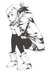  boots chin_rest coat copyright_request greyscale monochrome mura_(kanojo_no_oukoku) sitting solo thighhighs 