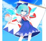  bad_id bad_pixiv_id blue_eyes blue_hair bow cirno fang flag food hair_bow kantori_(mgkrr28) kooribata shaved_ice short_hair solo touhou wings 