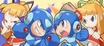  2girls :d arm_cannon artist_request bangs battle blonde_hair blue_eyes blunt_bangs blush chibi dual_persona evil_grin evil_smile grin multiple_boys multiple_girls open_mouth rockman rockman? rockman_(character) rockman_(classic) roll round_teeth smile teeth weapon 