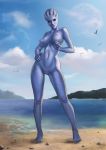  1girl alien asari avian beach bird bloocarrot blue_eyes blue_nipples blue_skin breasts cloud female freckles highres humanoid liara_t&#039;soni lips mass_effect nipples nude pussy rock sand seaside sky solo thick_thighs thighs water 