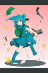  backpack bag blue_eyes boots bullet daigorou gun hair_bobbles hair_ornament hat highres kawashiro_nitori solo touhou twintails two_side_up weapon 