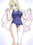  blonde_hair blue_swimsuit blush breasts cameltoe cecilia_lynne_adelhyde green_eyes hairband huge_breasts jon_shicchiou legs one-piece_swimsuit school_swimsuit short_hair smile solo swimsuit towel white_background wild_arms wild_arms_1 