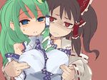  blue_eyes blush bow breast_envy breasts brown_hair covered_nipples detached_sleeves frog_hair_ornament green_hair hair_bow hair_ornament hair_tubes hakurei_reimu kochiya_sanae large_breasts mota multiple_girls red_eyes simple_background sketch snake touhou yuri 