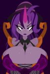  2019 anthro areola big_breasts black_eyeliner breasts cleavage clothed clothing equine eyeliner fan_character female fishnet freckles hair hi_res horn huge_breasts jrvanesbroek leotard lilac_lullaby lipstick makeup mammal my_little_pony purple_background purple_hair purple_lipstick purple_theme simple_background solo unicorn 