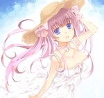  blush breasts casual cleavage dress haramura_nodoka hat large_breasts long_hair mofmof_(sousa) pink_hair saki solo twintails 