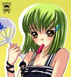  blush breasts c.c. cellphone_charm cleavage code_geass fan food green_hair hair_ornament hairclip lelouch_lamperouge meimi_k mouth_hold paper_fan popsicle short_hair small_breasts solo uchiwa yellow_eyes younger 